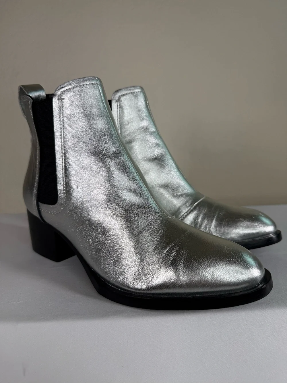 Rag & Bone Silver Metallic Block Heeled Chelsea Ankle Boots Booties Size 36.5